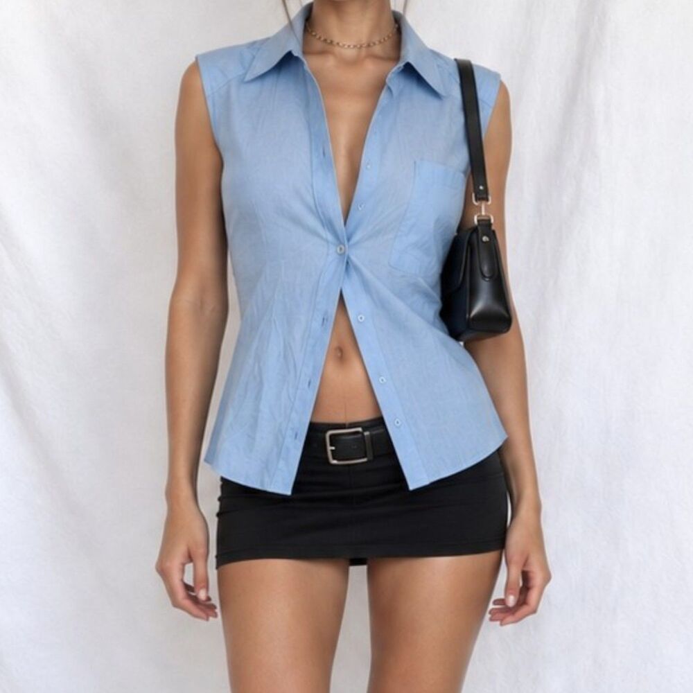 Zara Blue Padded Shoulder Button Down Sleeveless Shirt Tank Blouse Top Size XS/S